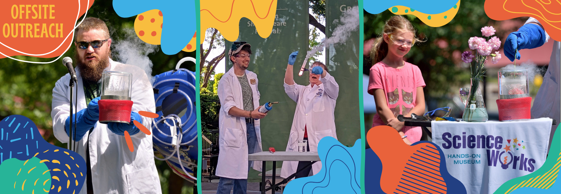 Left to Right: Toby in a lab coat with liquid nitrogen doing a ScienceLive, Finn and Ash in lab coats doing a ScienceLive at OSF, Girl watches a ScienceLive up close