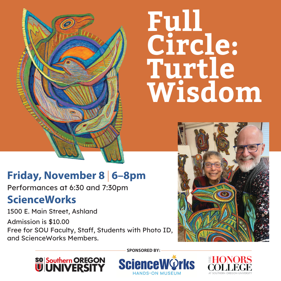 Betty Laduke and Terry Longshore pose together in LaDuke's studio, holding one of the carved and painted turtles