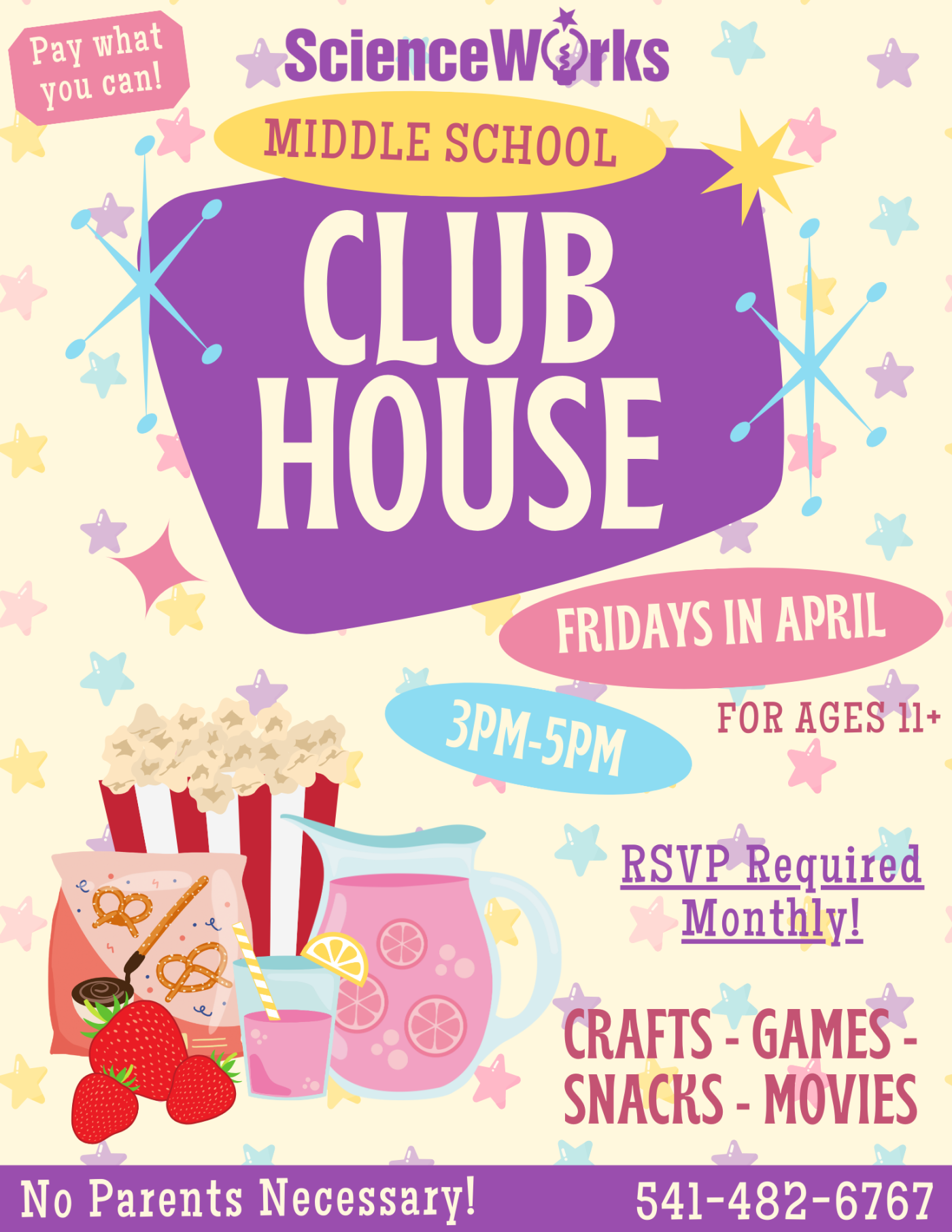 Middle School Club House in April. Friday April 5, 12, 19, 26. 3 - 5 pm