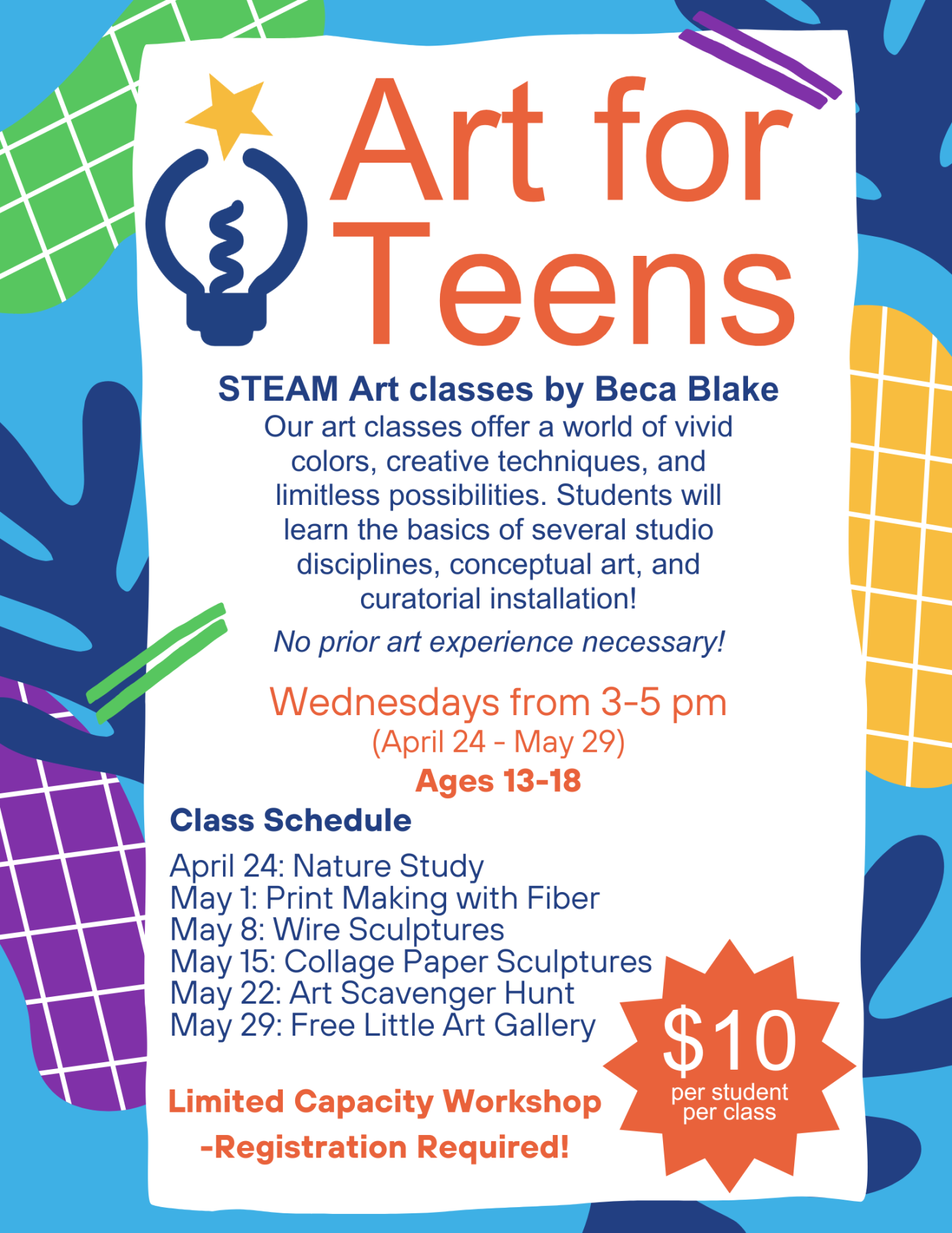 Art for Teens with Beca Blake. Wednesday classes are $10 per. Call for more info: 541-482-6767