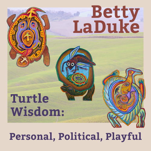 Betty LaDuke: Turtle Wisom - 3 carved and painted wooden turtles floating against a background of rolling green hills